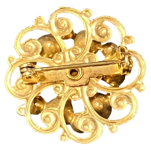 Vintage Gold-Tone Red Crystal Flower Brooch Pin Victorian Style Costume Jewelry - Picture 2 of 3